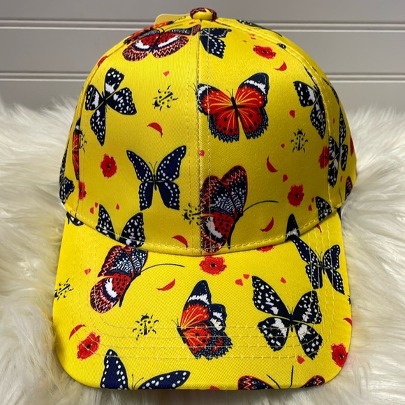 Butterfly & Ladybug Yellow Cap with Multicolored Butterflies Baseball Cap - Picture 2 of 12
